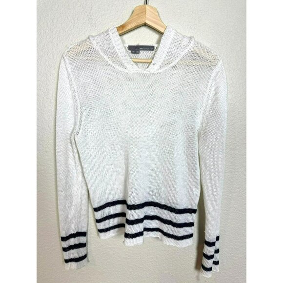 360 Sweater Linen Loose Knit Sweater Top Size M Hood White Black Stripe Pullover - Picture 1 of 10